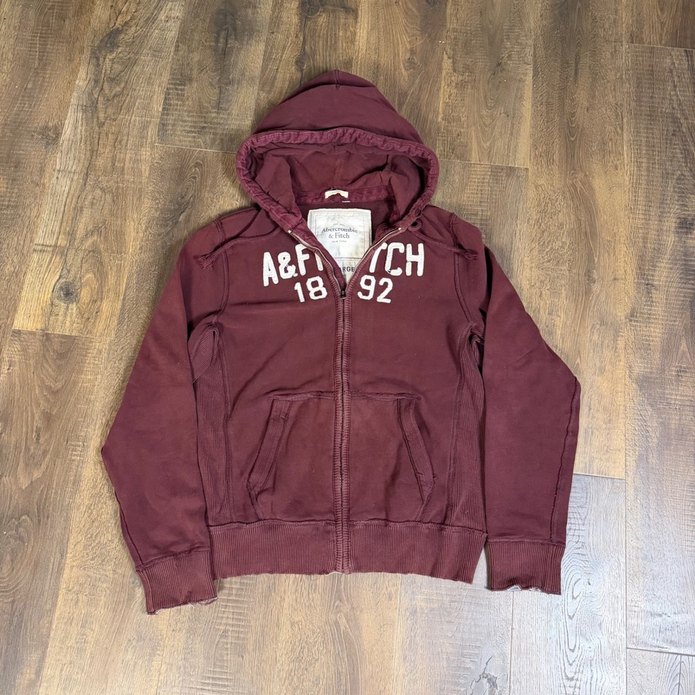 Grail Abercrombie & Fitch Y2K Distressed Full Zip Hoodie XXL Burgundy Puff Print